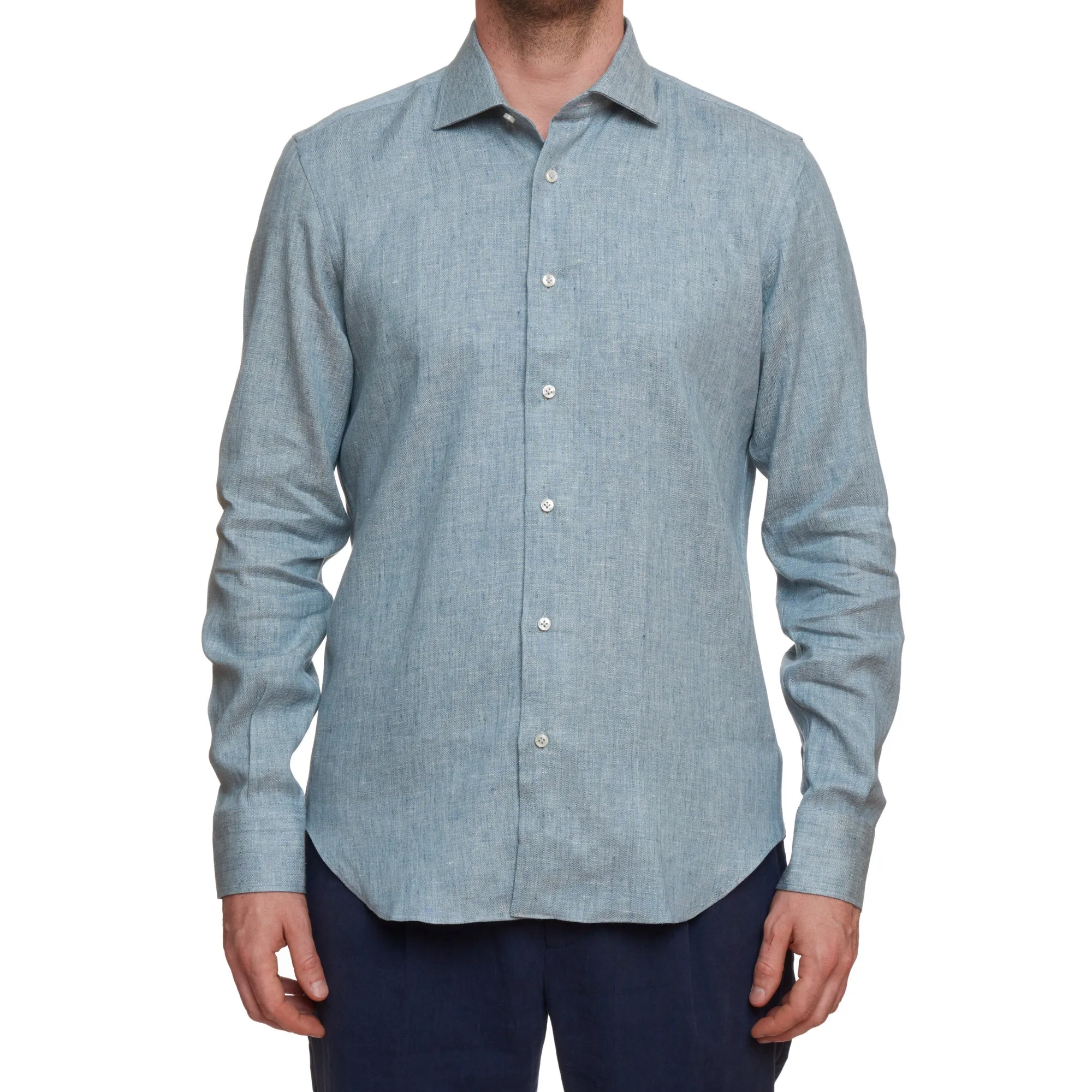 SARTORIO Napoli by KITON Blue Linen Spread Collar Slim Fit Dress Shirt NEW