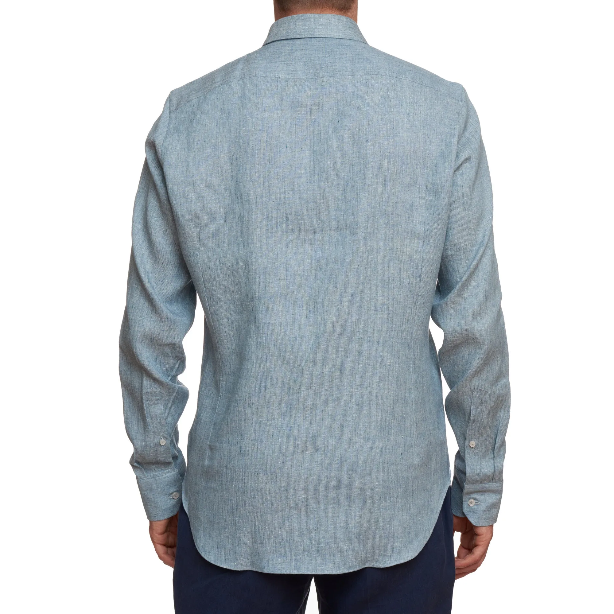 SARTORIO Napoli by KITON Blue Linen Spread Collar Slim Fit Dress Shirt NEW