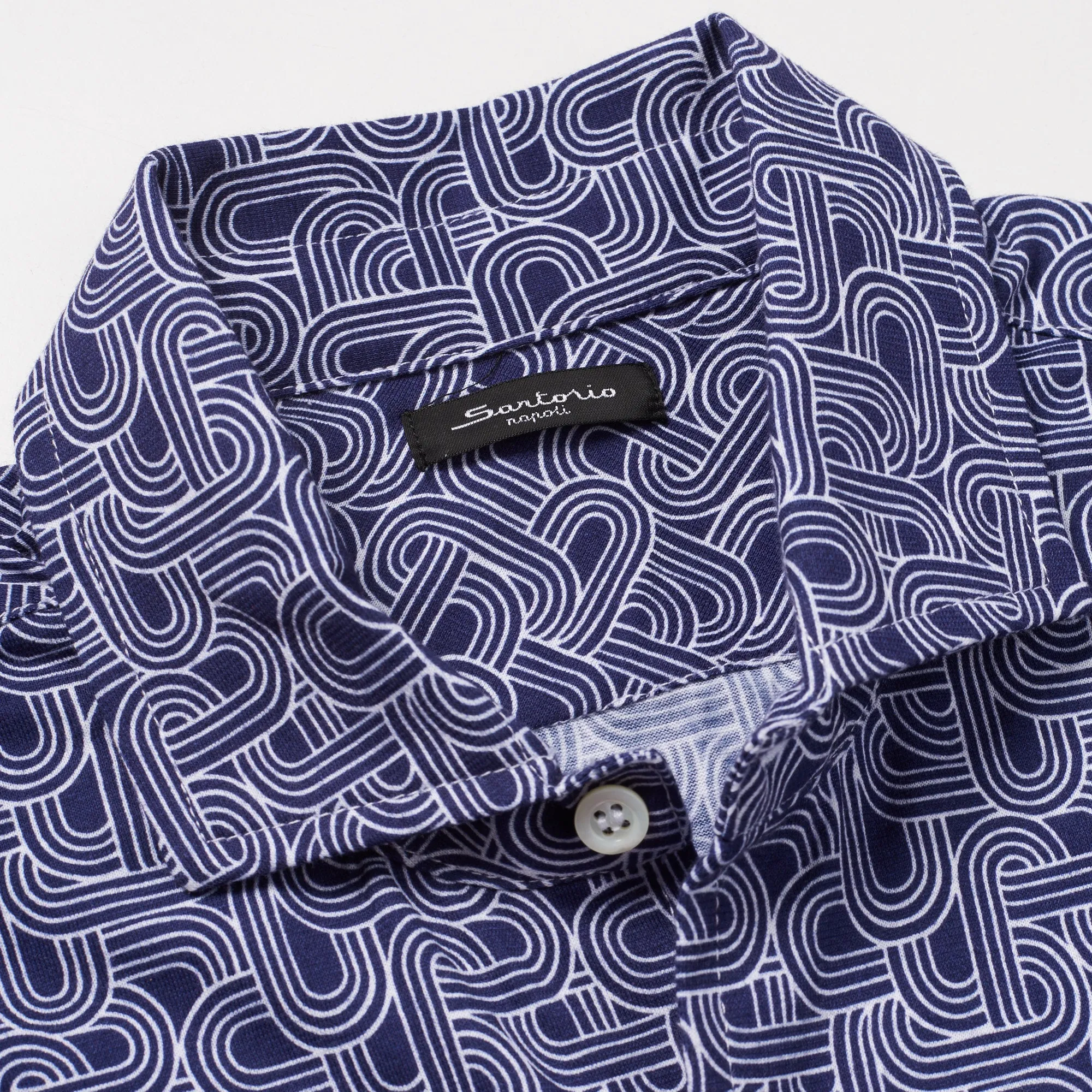 SARTORIO Napoli by KITON Navy Blue Geometric Cotton Short Sleeve Casual Shirt NEW