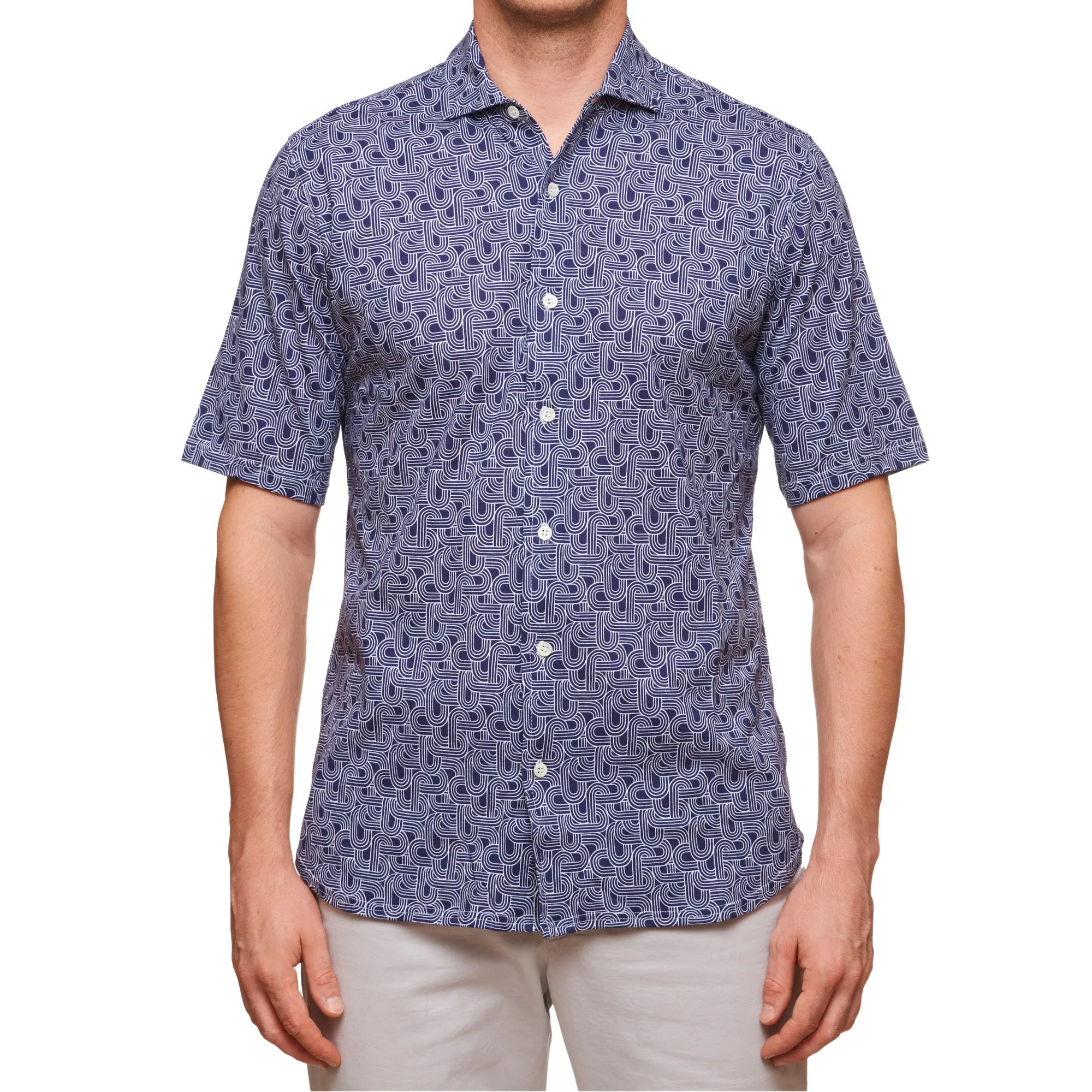 SARTORIO Napoli by KITON Navy Blue Geometric Cotton Short Sleeve Casual Shirt NEW