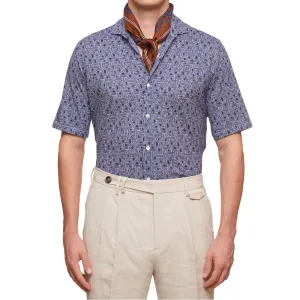 SARTORIO Napoli by KITON Navy Blue Geometric Cotton Short Sleeve Casual Shirt NEW