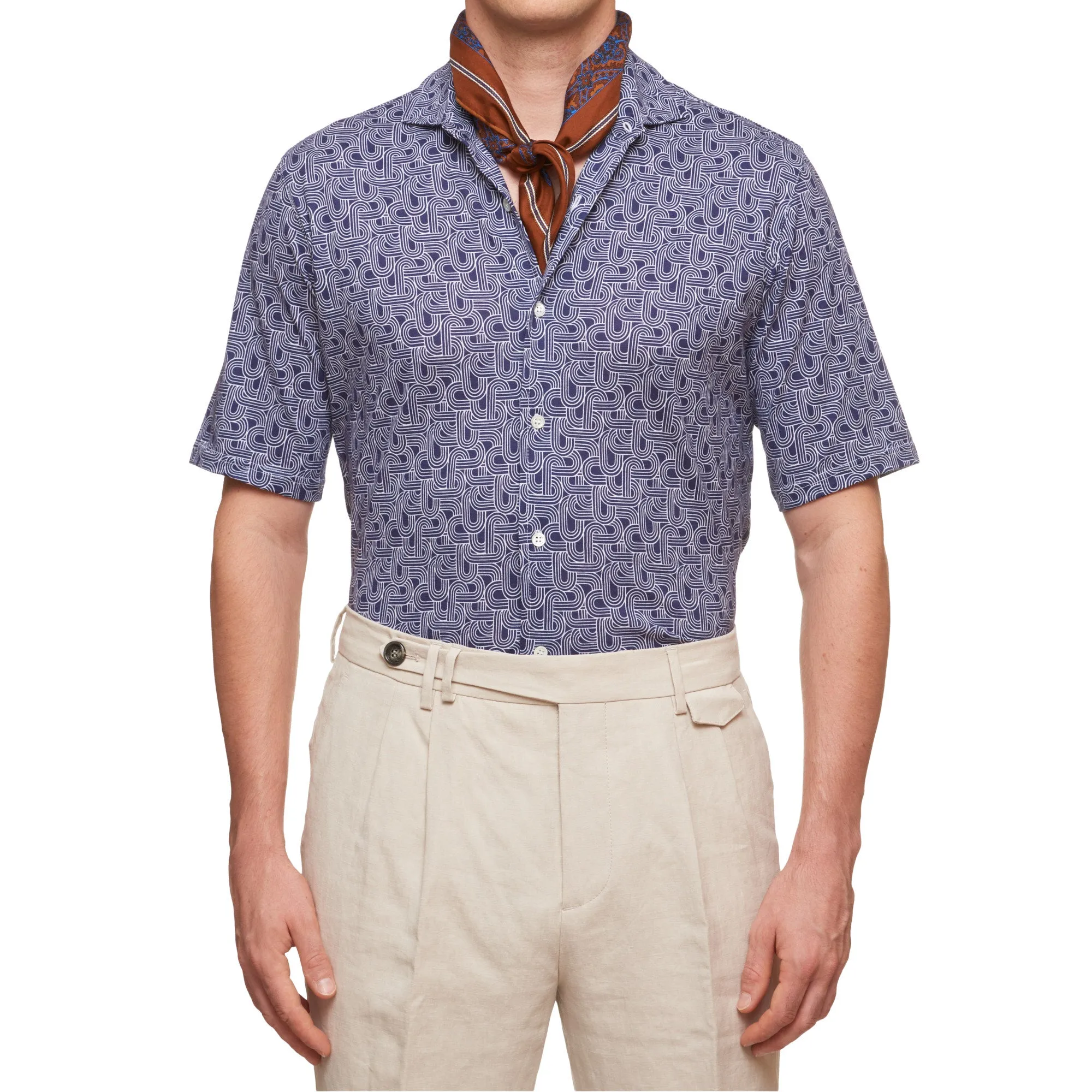 SARTORIO Napoli by KITON Navy Blue Geometric Cotton Short Sleeve Casual Shirt NEW